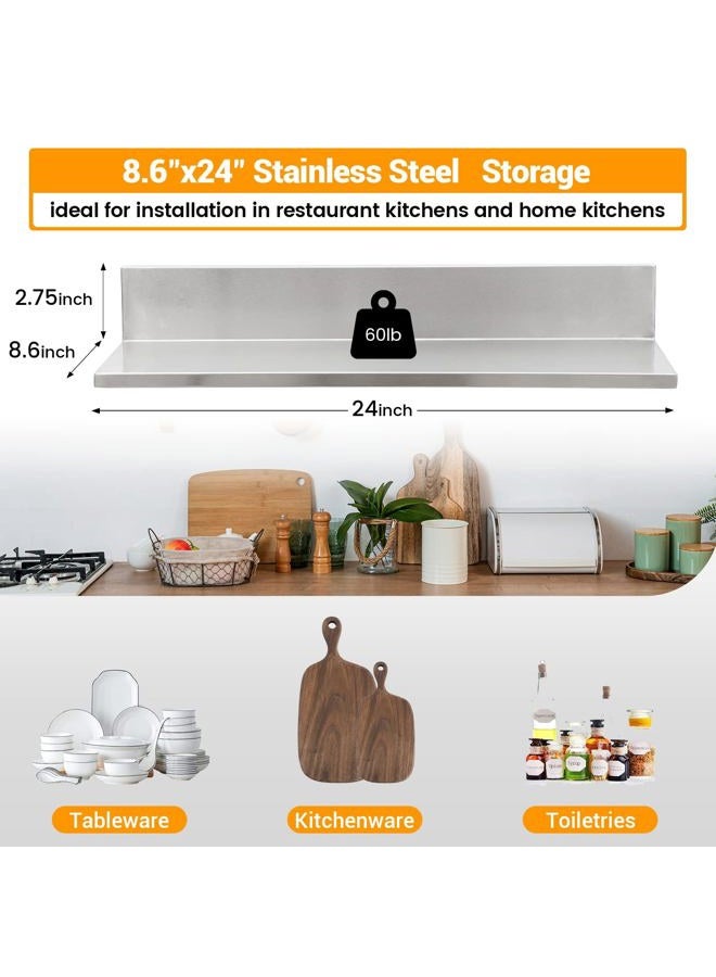 SWOTCATER Stainless Steel Wall Shelf 8.6"x24" 60LB, 2 Packs L-Shaped Commercial Wall Mount Floating Shelving for Kitchen, Restaurant, Home - Image 2