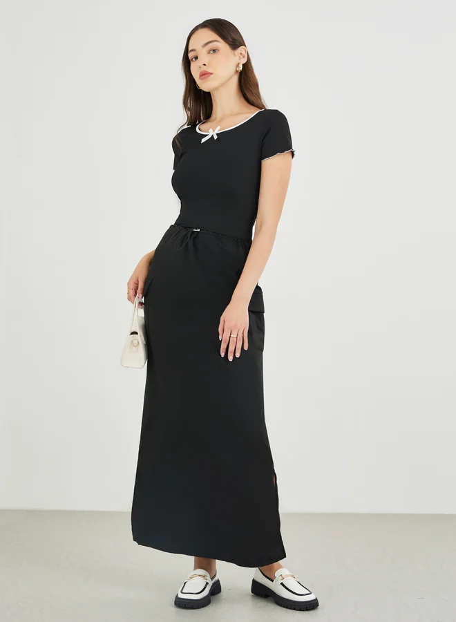 تايك تو Take Two Ribbed Fitted T-Shirt with Bow Detail