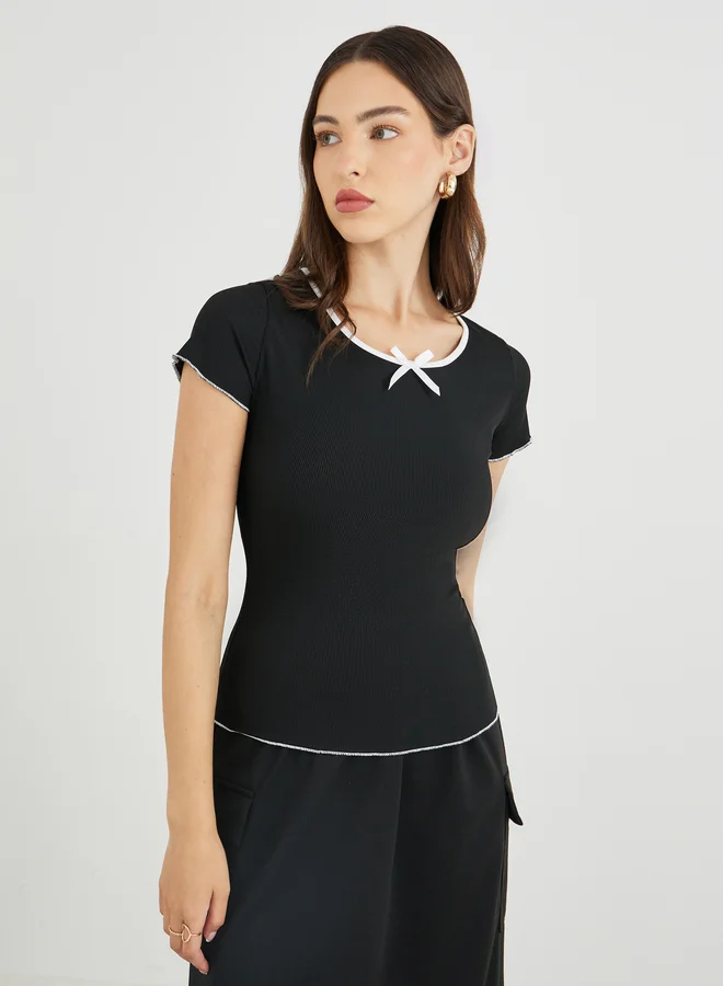 تايك تو Take Two Ribbed Fitted T-Shirt with Bow Detail