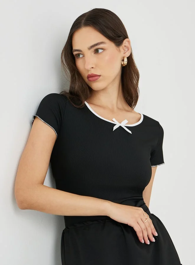 Take Two Ribbed Fitted T-Shirt with Bow Detail