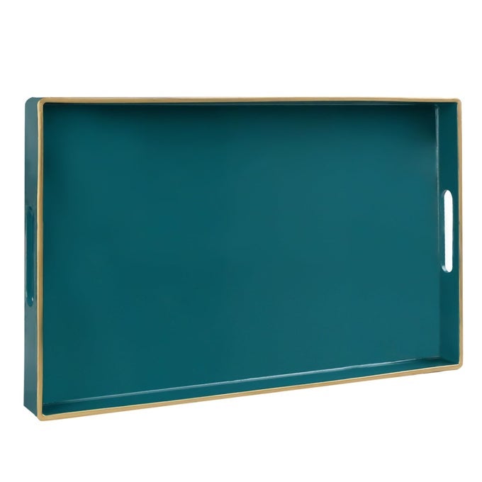 TEAL SERVING TRAY WITH HANDLES MODERN DECORATIVE TRAY FOR COFFEE TABLE PLASTIC RECTANGULAR TRAYS FOR OTTOMAN BATHROOM DECOR 158 X 102 X 14