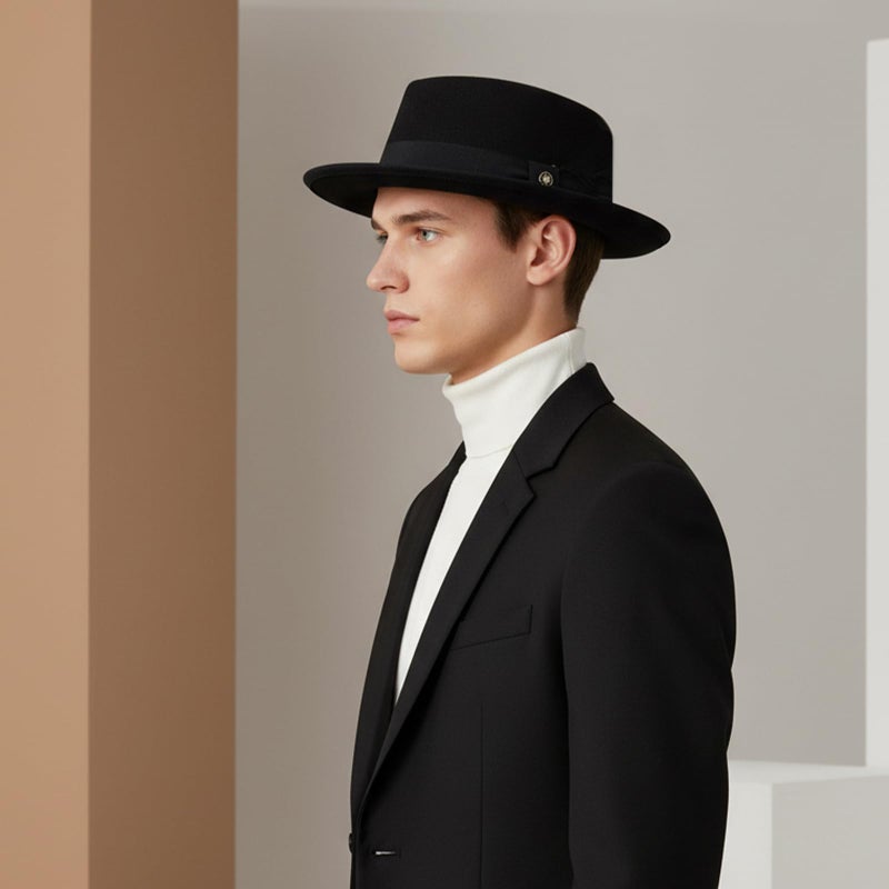 FADACHY Fedora Hats for Men & Women Pork Pie Hat Flat Top Felt Hats Panama Wide Brim Dress Hat, Black Hats, L-XL - Image 2