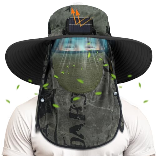 Berlune Solar Fan Hat Wide Brim Hat with Fan Oversized Outdoor Fishing Hats Removable UV Protection UPF 50 Sun BucketMilitary Green Ink - Image 1