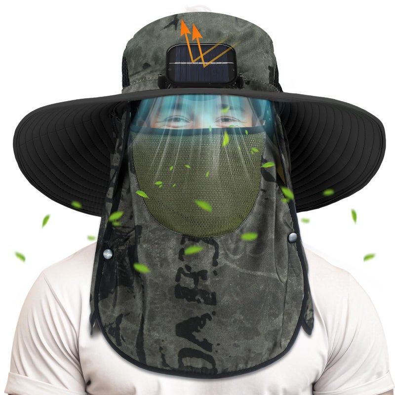 Berlune Solar Fan Hat Wide Brim Hat with Fan Oversized Outdoor Fishing Hats Removable UV Protection UPF 50 Sun BucketMilitary Green Ink - Image 2
