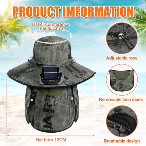 Berlune Solar Fan Hat Wide Brim Hat with Fan Oversized Outdoor Fishing Hats Removable UV Protection UPF 50 Sun BucketMilitary Green Ink - Image 3