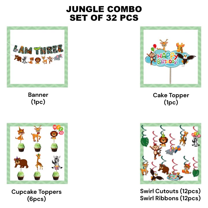 Festiko® 32 Pcs Jungle Theme Banner, Cake & Cupcake Toppers, Swirls with Cutouts, Jungle Theme 3rd Birthday Supplies, Jungle Theme I Am Three Combo Decoration, Jungle Safari Theme Decorations - Image 2