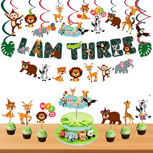 Festiko® 32 Pcs Jungle Theme Banner, Cake & Cupcake Toppers, Swirls with Cutouts, Jungle Theme 3rd Birthday Supplies, Jungle Theme I Am Three Combo Decoration, Jungle Safari Theme Decorations - Image 1