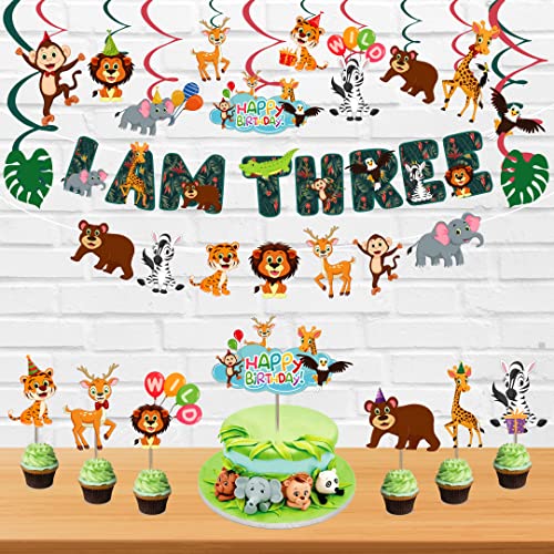Festiko® 32 Pcs Jungle Theme Banner, Cake & Cupcake Toppers, Swirls with Cutouts, Jungle Theme 3rd Birthday Supplies, Jungle Theme I Am Three Combo Decoration, Jungle Safari Theme Decorations - Image 3