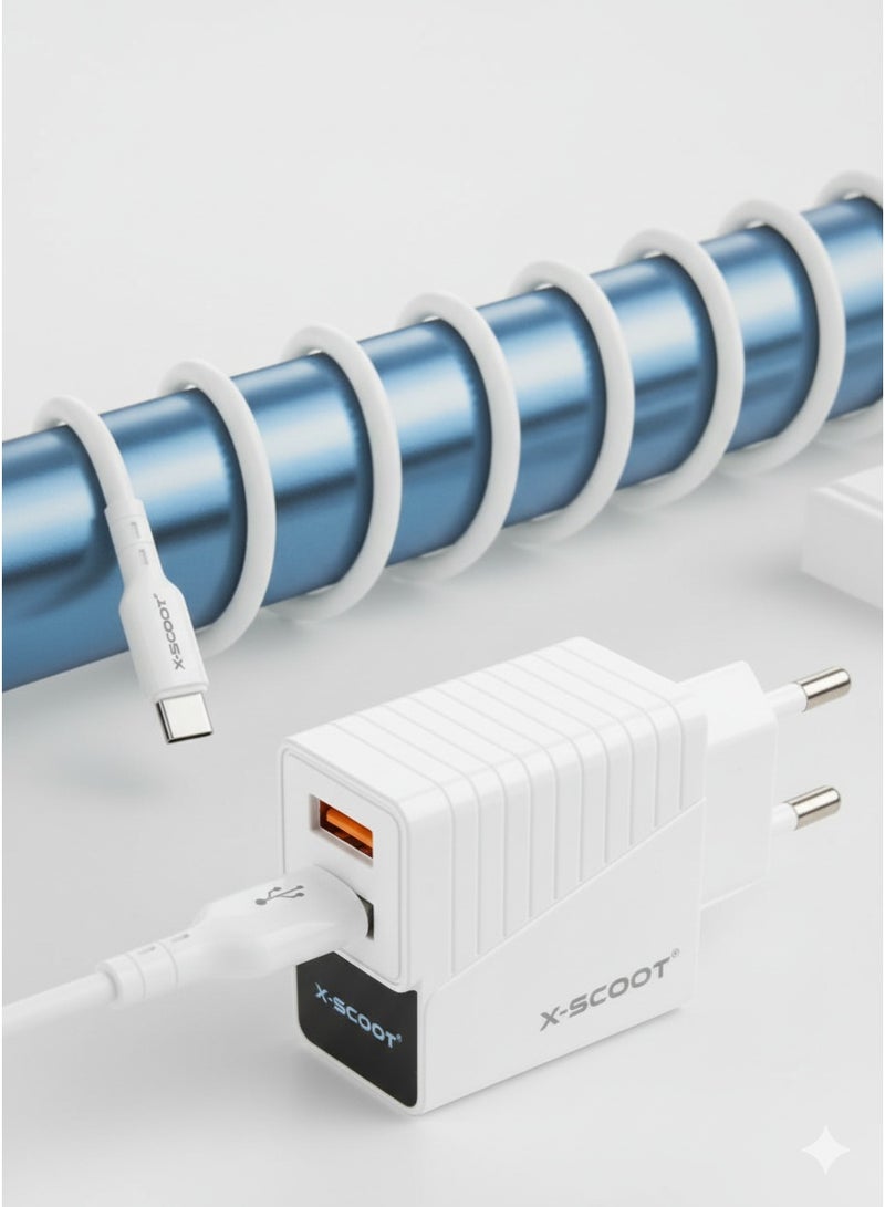 X-SCOOT CH-232 LED Fast Charger 2.4A with Dual USB Ports, Included Type-C Cable, Fire-Resistant Build, and Advanced Current Protection for Safe Everyday Charging - Image 4