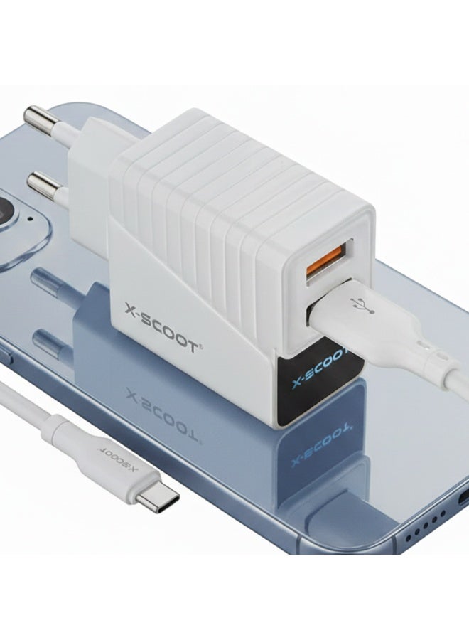 X-SCOOT CH-232 LED Fast Charger 2.4A with Dual USB Ports, Included Type-C Cable, Fire-Resistant Build, and Advanced Current Protection for Safe Everyday Charging - Image 3