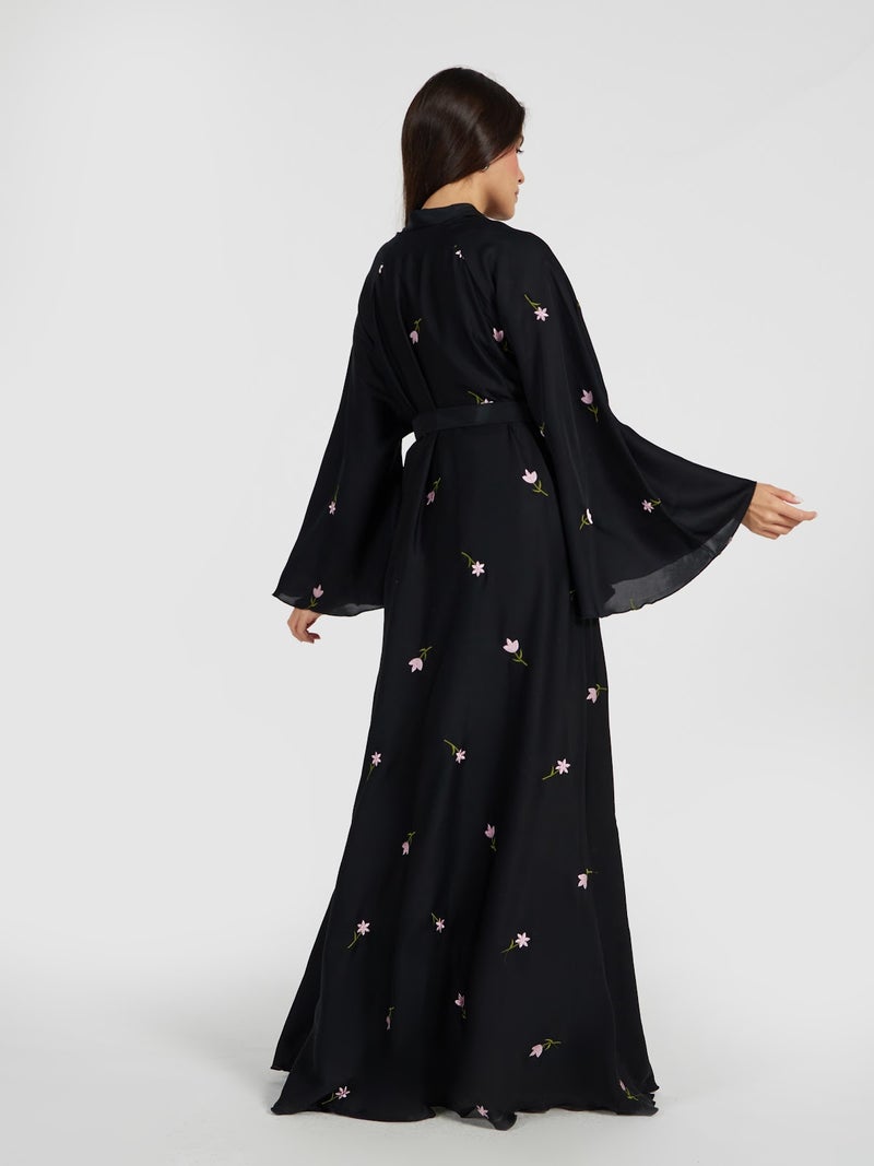 Reem Abayas Women's Floral Embroidered Black Abaya - Modest Belted Kimono Style - Image 4