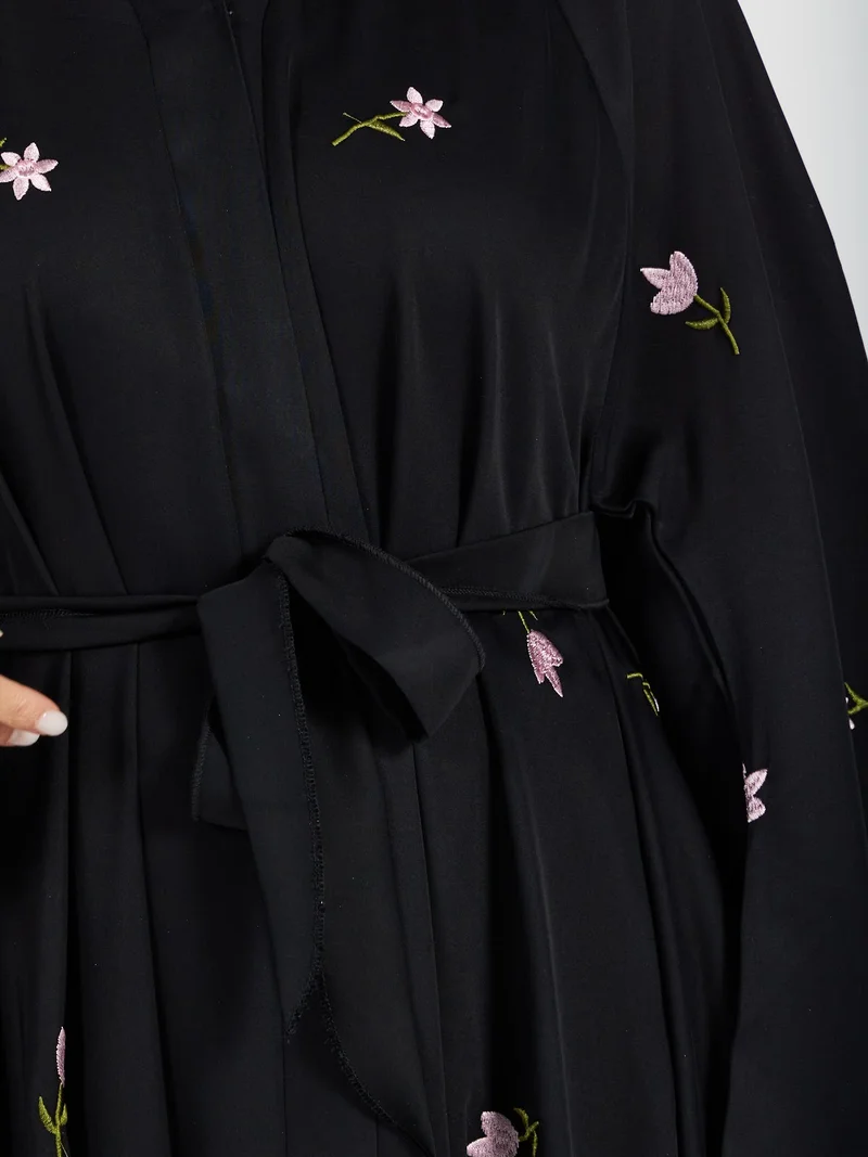 Reem Abayas  Women's Floral Embroidered Black Abaya - Modest Belted Kimono Style for Women | Best Price UAE