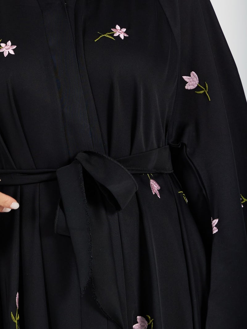 Reem Abayas Women's Floral Embroidered Black Abaya - Modest Belted Kimono Style - Image 3