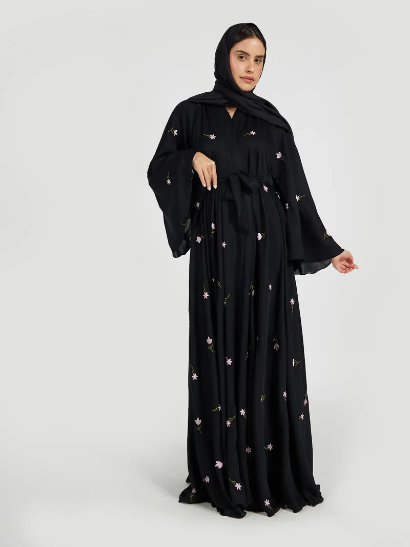 Women's Floral Embroidered Black Abaya - Modest Belted Kimono Style