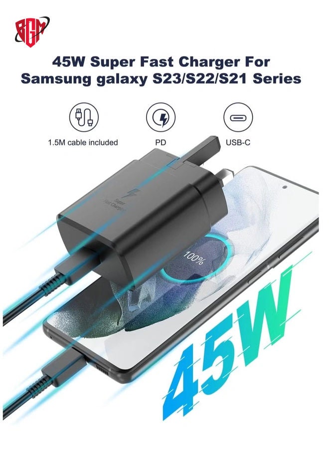 BGM Compatible for 45W Samsung Charger Plug with 1.5M Cable for Samsung Galaxy S23/S23+/S23Ultra S22/S22+/S22Ultra S21/S21+/S21Ultra S20 A33,A72,A71,A53,A52,A51,A50,M33, UK Wall USB C Power Adapter - Image 2