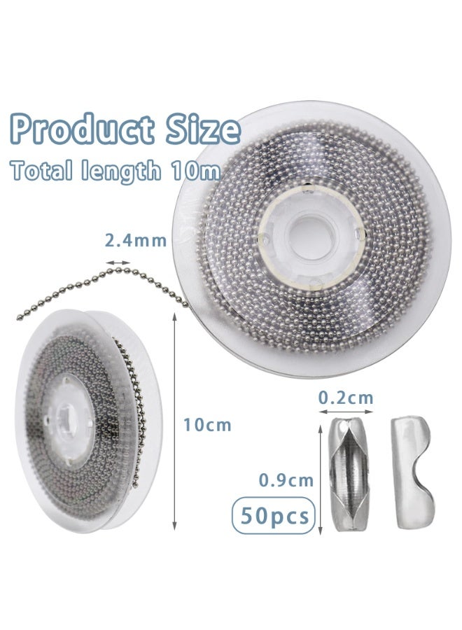 GNAFOTU 10 Metre Ball Chain Stainless Steel Beads Roller Chain Silver Ball Chain Stainless Steel with 50 Matching Connectors Ball Chains 2.4 mm Diameter for DIY Jewellery Making Tags Chain Key Chain - Image 3