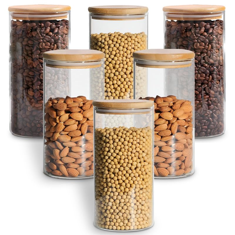 Allo 1000ML Kitchen Storage Box Glass Jars With Wooden Lids - Borosilicate Glass Food Storage Containers Airtight Glass Jar for Tea, Coffee, Spice, Pulses, Masala (Round Glass Jar - Set of 6) - Image 1