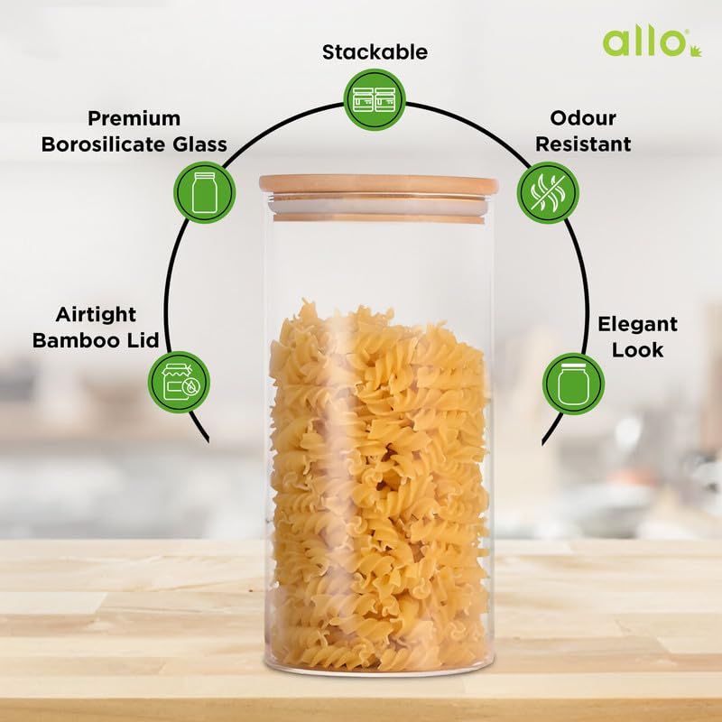 Allo 1000ML Kitchen Storage Box Glass Jars With Wooden Lids - Borosilicate Glass Food Storage Containers Airtight Glass Jar for Tea, Coffee, Spice, Pulses, Masala (Round Glass Jar - Set of 6) - Image 4