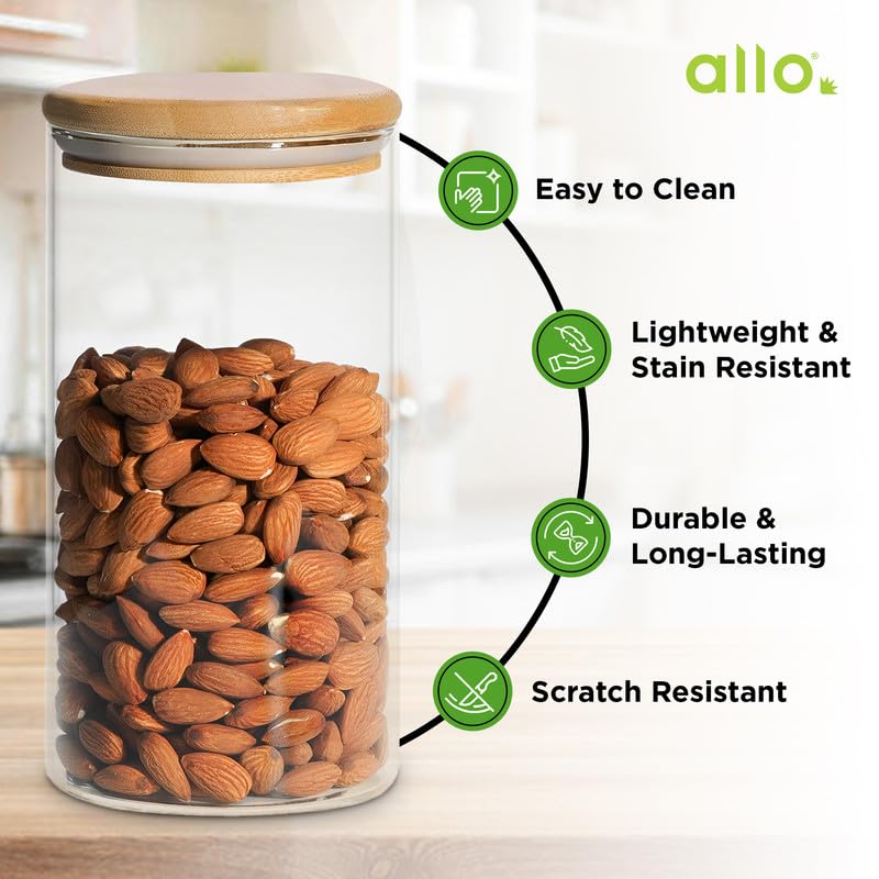 Allo 1000ML Kitchen Storage Box Glass Jars With Wooden Lids - Borosilicate Glass Food Storage Containers Airtight Glass Jar for Tea, Coffee, Spice, Pulses, Masala (Round Glass Jar - Set of 6) - Image 5