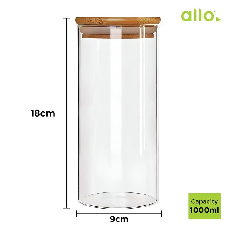 Allo 1000ML Kitchen Storage Box Glass Jars With Wooden Lids - Borosilicate Glass Food Storage Containers Airtight Glass Jar for Tea, Coffee, Spice, Pulses, Masala (Round Glass Jar - Set of 6) - Image 3