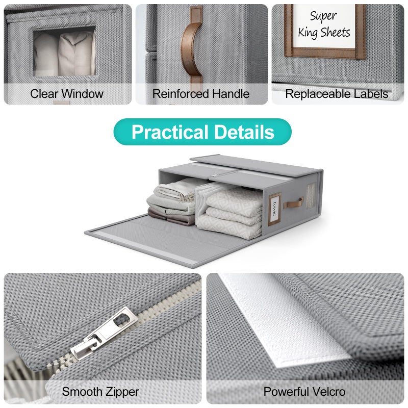 BigPonPon 4 Pack Foldable Bed Sheets Set Organizers and Storage(Cal King Size),Linen Fabric Closet Organizers with Window,Folding Bedding Storage Box for Bedsheets and Pillow Cube Organizer-Gray - Image 3