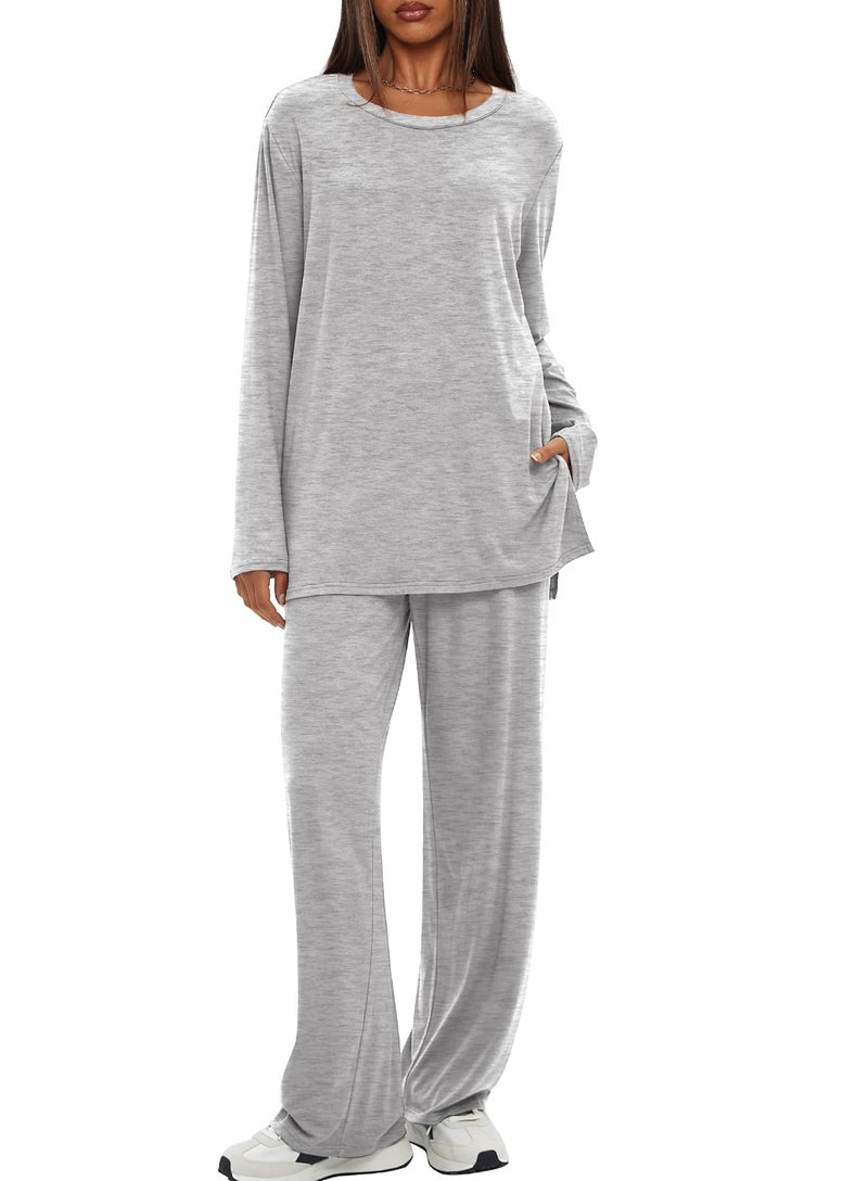 Darong Women's 2 Piece Lounge Set Casual Long Sleeve Crew Neck Tops Wide Leg Pants Travel Airport Outfit Matching Sets 9088A Light Grey M - Image 1