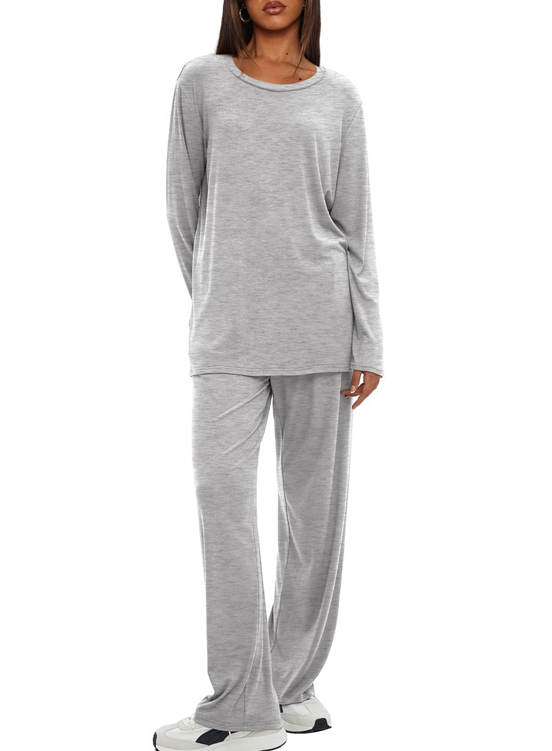 Darong Women's 2 Piece Lounge Set Casual Long Sleeve Crew Neck Tops Wide Leg Pants Travel Airport Outfit Matching Sets 9088A Light Grey M - Image 5