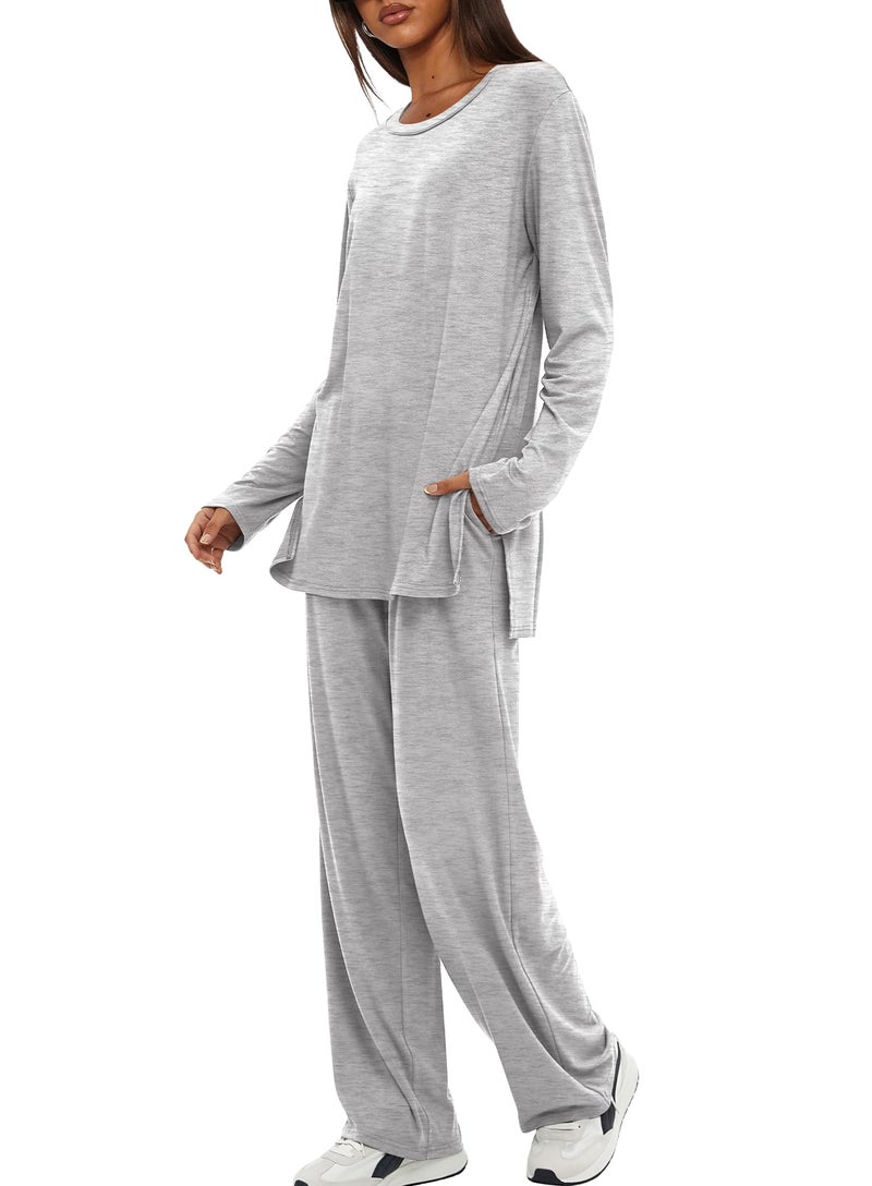 Darong Women's 2 Piece Lounge Set Casual Long Sleeve Crew Neck Tops Wide Leg Pants Travel Airport Outfit Matching Sets 9088A Light Grey M - Image 3