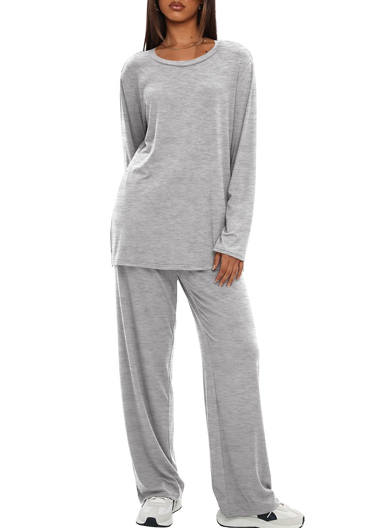 Darong Women's 2 Piece Lounge Set Casual Long Sleeve Crew Neck Tops Wide Leg Pants Travel Airport Outfit Matching Sets 9088A Light Grey M - Image 4