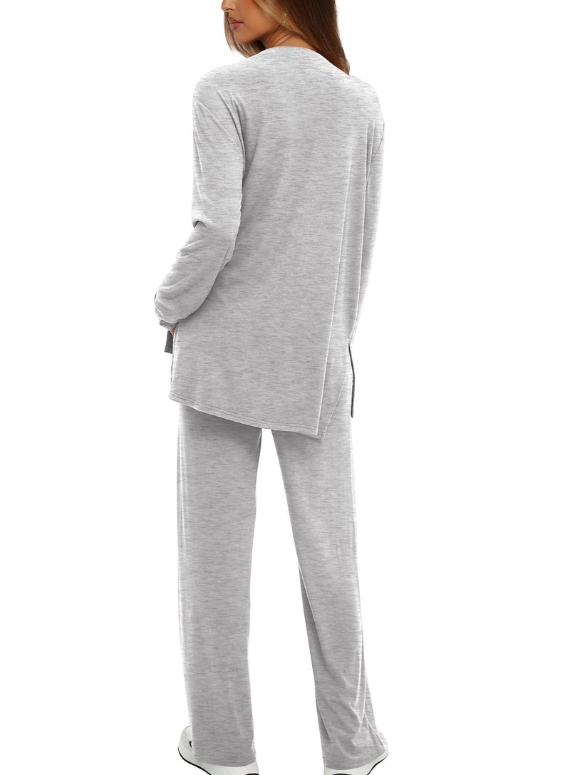 Darong Women's 2 Piece Lounge Set Casual Long Sleeve Crew Neck Tops Wide Leg Pants Travel Airport Outfit Matching Sets 9088A Light Grey M - Image 2