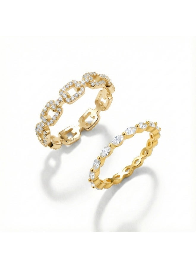 LAVEEN JEWELLERY Stackable Pavé Chain & Marquise Band Rings – 925 Sterling Silver, 18K Gold Plated, Cubic Zirconia, Luxury Stack Rings for Women with Jewelry Box - Image 1