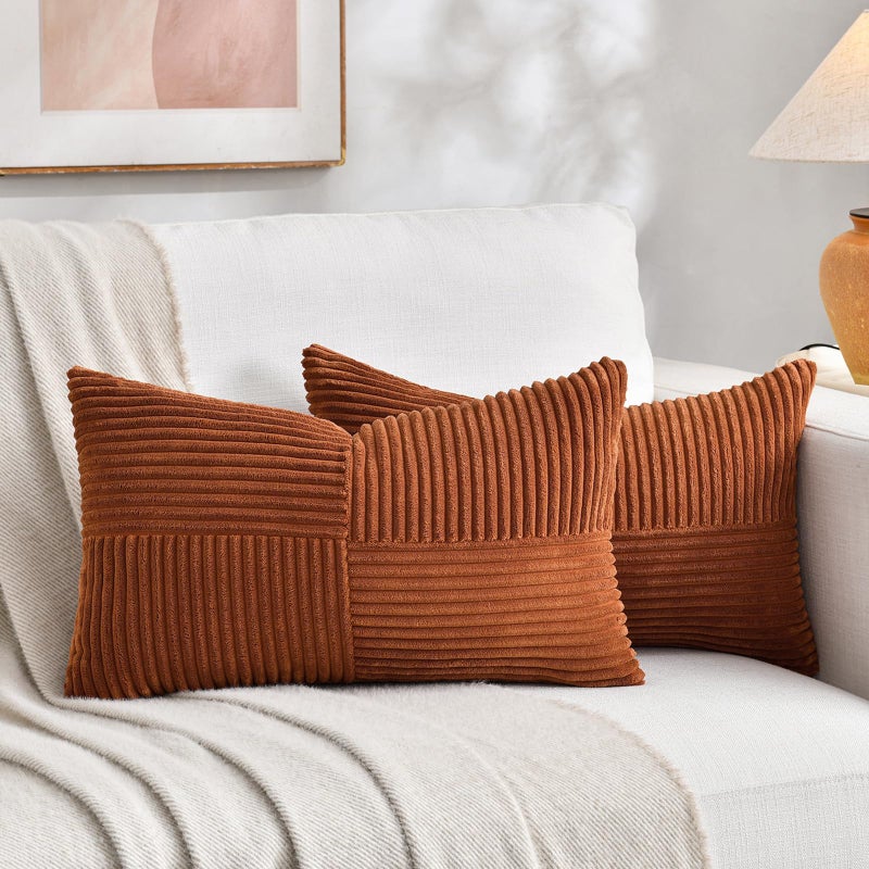 Fancy Homi 2 Packs Rust Lumbar Decorative Throw Pillow Covers 12x20 Inch for Couch Bed Sofa Rustic Farmhouse Boho Home Decor Soft Striped Corduroy Rectangle Accent Terracotta Cushion Case 30x50 cm - Image 2