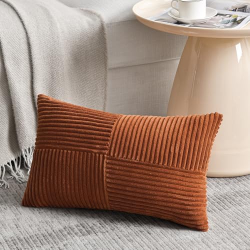 Fancy Homi 2 Packs Rust Lumbar Decorative Throw Pillow Covers 12x20 Inch for Couch Bed Sofa Rustic Farmhouse Boho Home Decor Soft Striped Corduroy Rectangle Accent Terracotta Cushion Case 30x50 cm - Image 3