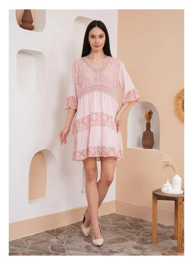 Hoxton Gal Lace Detail V-Neck Mini Dress with 3/4 Sleeves in Pink