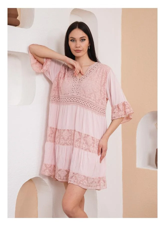 Hoxton Gal Lace Detail V-Neck Mini Dress with 3/4 Sleeves in Pink