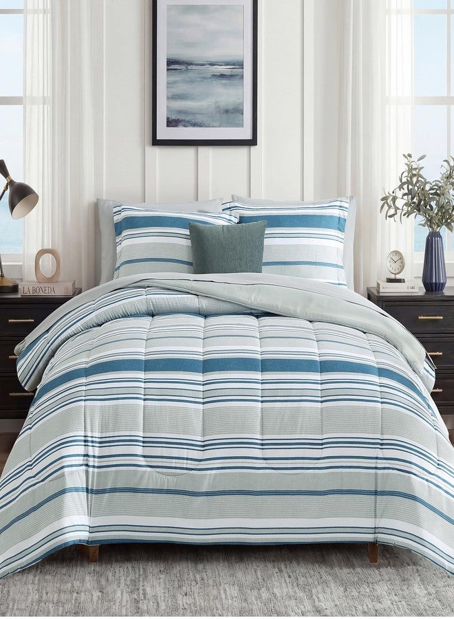 Monbix Queen Comforter Set - 7 Pieces Bed in a Bag Queen, Blue-Stripe Bedding Sets, All Seasons Down Alternative Comforter Bed Set with Sheets, Pillowcases & Shams - Image 1