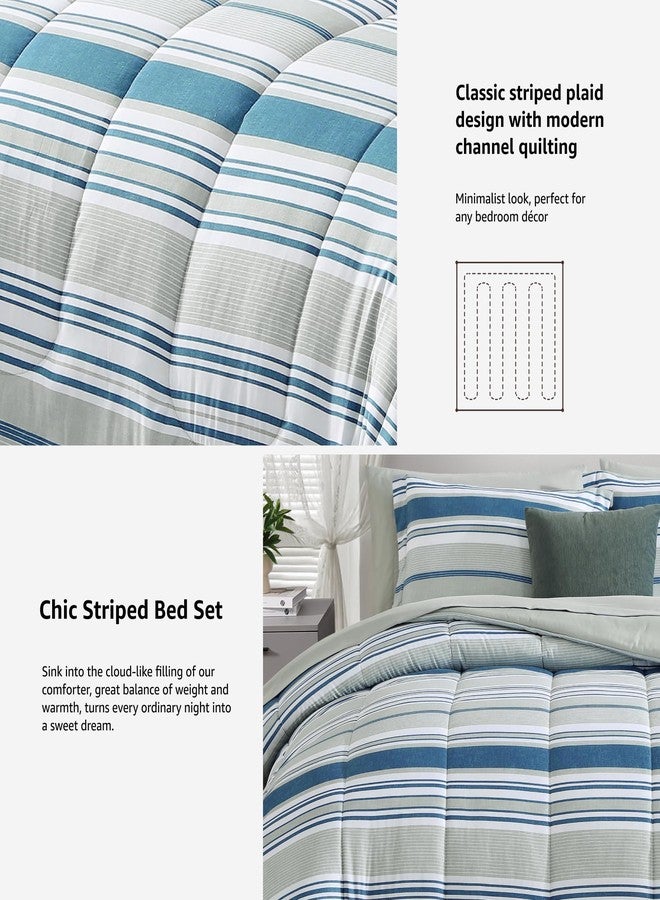 Monbix Queen Comforter Set - 7 Pieces Bed in a Bag Queen, Blue-Stripe Bedding Sets, All Seasons Down Alternative Comforter Bed Set with Sheets, Pillowcases & Shams - Image 5