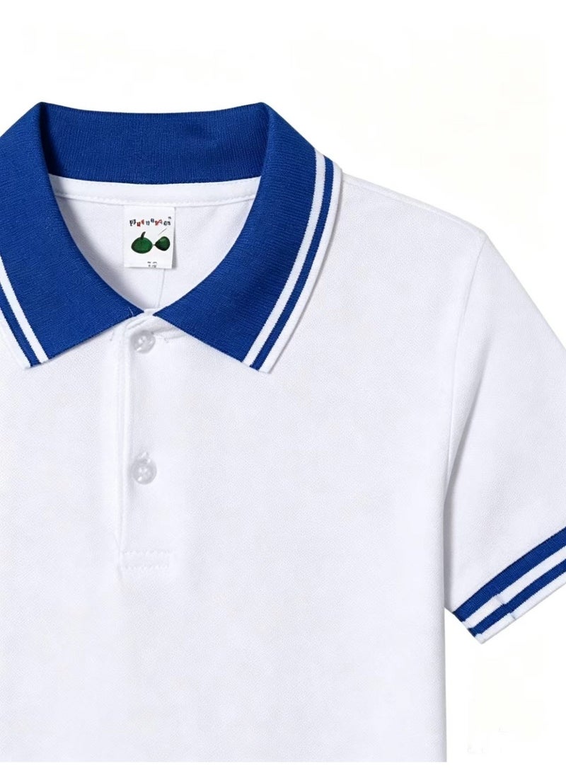 Boys Short Sleeve Polo Shirt 12-14Y, 95% Cotton 5% Spandex, White with Blue Trim School Uniform Top - Image 2
