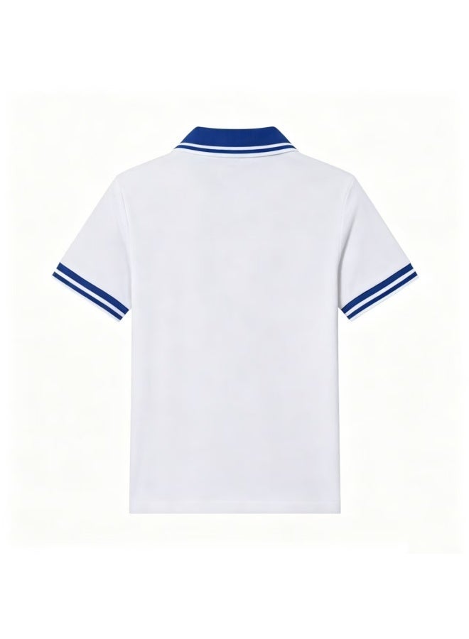 Boys Short Sleeve Polo Shirt 12-14Y, 95% Cotton 5% Spandex, White with Blue Trim School Uniform Top - Image 3