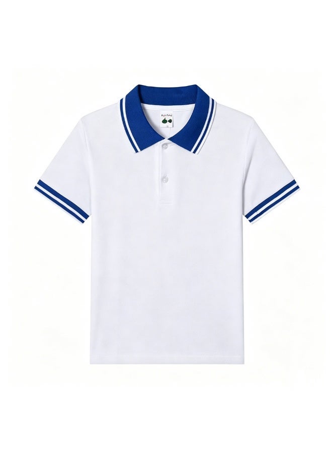 Boys Short Sleeve Polo Shirt 12-14Y, 95% Cotton 5% Spandex, White with Blue Trim School Uniform Top - Image 1