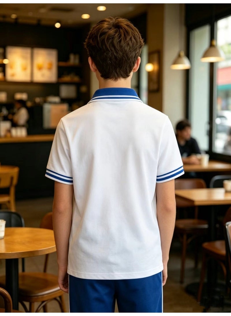 Boys Short Sleeve Polo Shirt 12-14Y, 95% Cotton 5% Spandex, White with Blue Trim School Uniform Top - Image 4