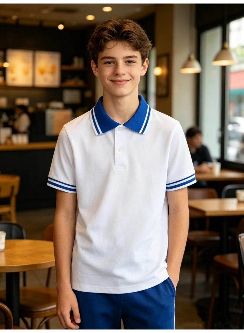 Boys Short Sleeve Polo Shirt 12-14Y, 95% Cotton 5% Spandex, White with Blue Trim School Uniform Top - Image 5