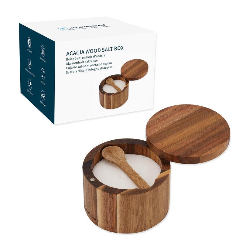 KITCHENDAO Acacia Wood Salt Cellar Bowl Box with Built-in Spoon to avoid Dust, Elegant Kitchen Salt Container Holder with Swivel Magnetic Lid to Storage Pepper Spice Bath Salt Sea Salt, 6OZ - Image 1