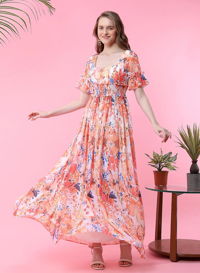 ميش فستان طويل مزين بزهور مع خصر مزموم - Image 1