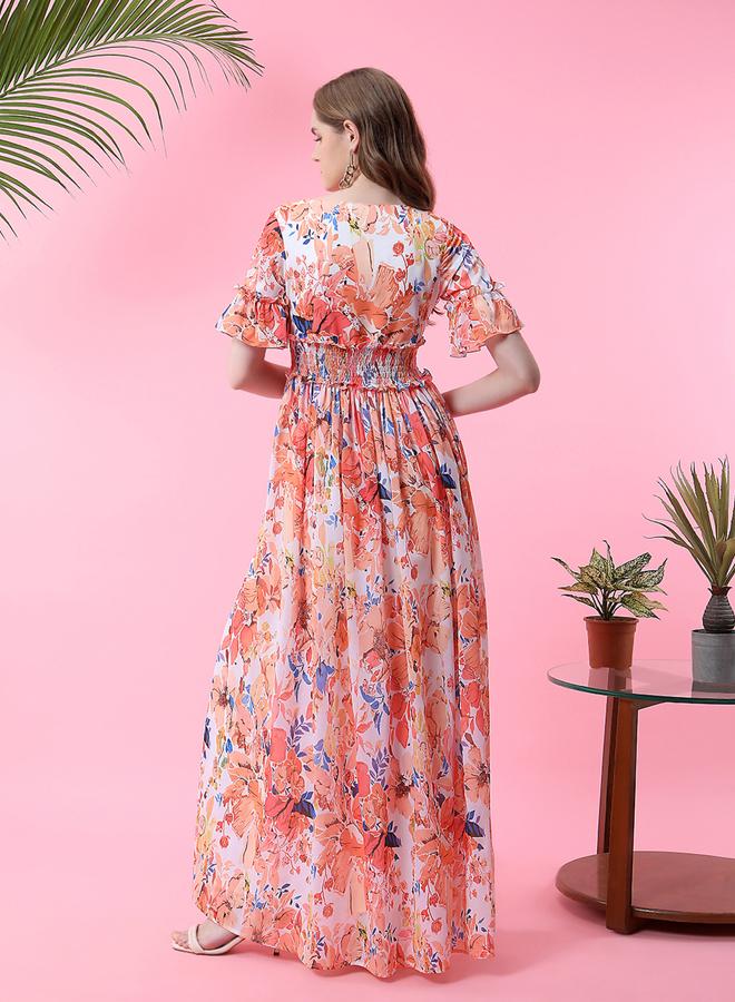 ميش فستان طويل مزين بزهور مع خصر مزموم - Image 5