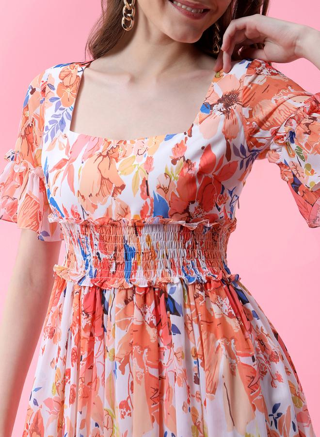 ميش فستان طويل مزين بزهور مع خصر مزموم - Image 2