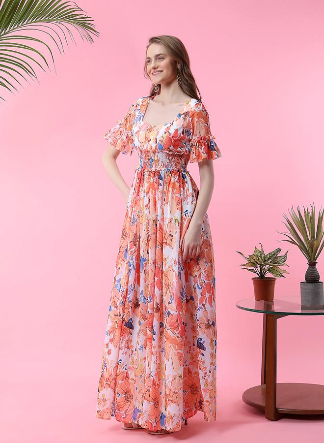 ميش فستان طويل مزين بزهور مع خصر مزموم - Image 3