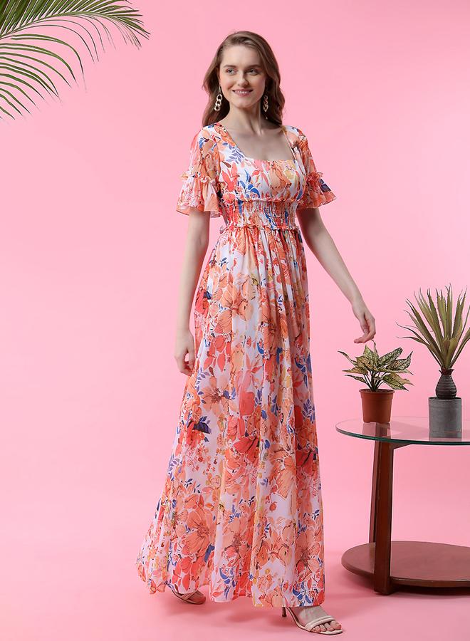 ميش فستان طويل مزين بزهور مع خصر مزموم - Image 4