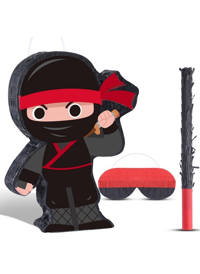 Harrycle - Ninja Piñata Mini Ninja Halloween Piñata With Blindfold, Bat And Filler For Ninja Birthday Party Decorations, Kids Boys Girls And Adults Game Black Ninja Warrior Birthday Halloween Party Supplies - Image 1