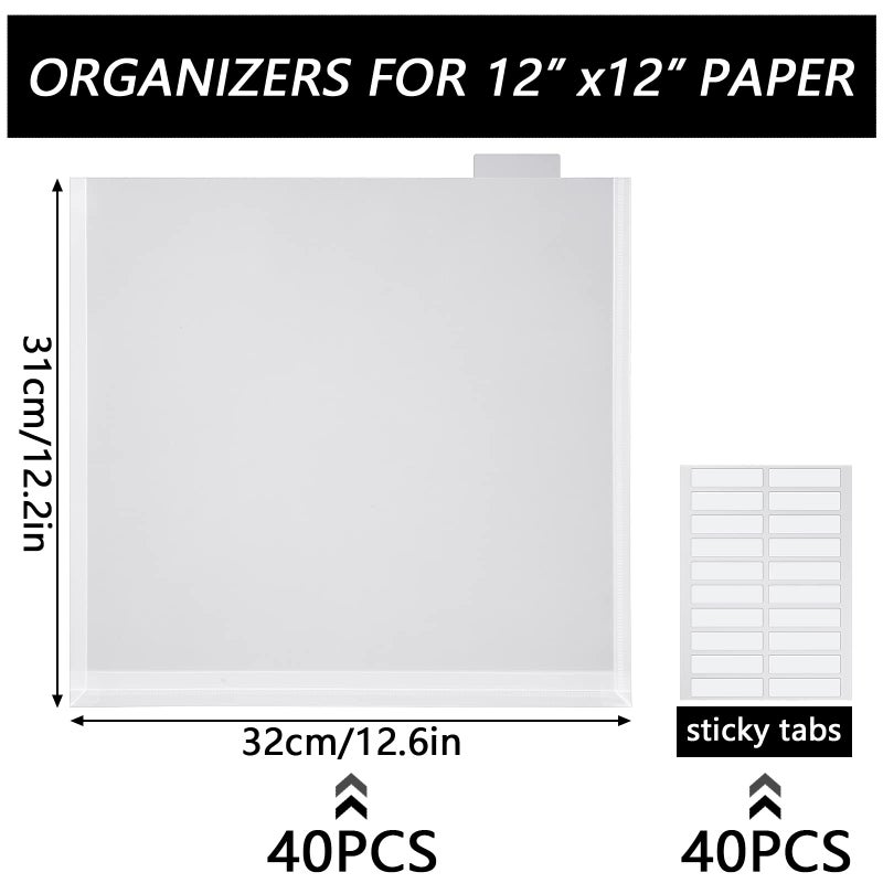 Teling 40 Set 12 x 12 Scrapbook Paper Storage Organizer Clear Top Loading Files Plastic Holder with Customizable Tabs for Holding Vinyl Paper Scrapbook Photos - Image 2